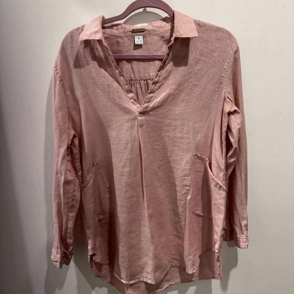 Magaschoni 100% Linen Blush Pink Collared Blouse, sz M